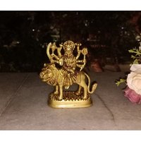 4.0'zoll Maa Durga Skulptur | Hindu Gottheit Messing Statue Devi Sitzend Auf Löwe Mit Mehreren Händen von LittletalesCreations