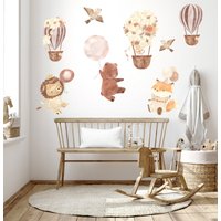 Heißluftballons Aquarell Beige Mit Löwe, Fuchs Und Bär, Wandsticker Für Kinderzimmer, Retro Heißluftballon Aufkleber, Tier Wandtattoo von LittlethingsTR