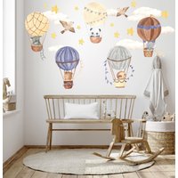 Retro Heißluftballon Mit Safari Tiere Wandtattoo, Kinderzimmer Wolke Sticker, Elefant, Koala, Bär, Panda Sticker von LittlethingsTR