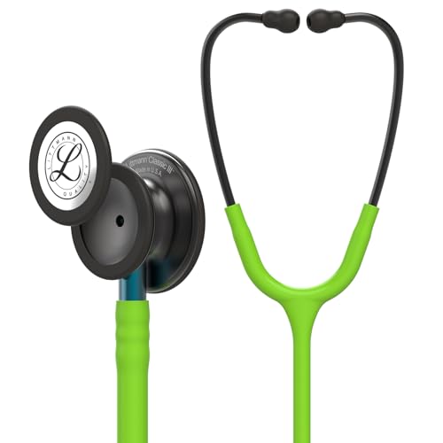 3M Littmann Classic III Stethoskop zur Überwachung, 5875, Smoke-Finish Bruststück, limonengrüner Schlauch, blauer Schlauchanschluss und rauchfarbener Ohrbügel, 69 cm von 3M Littmann