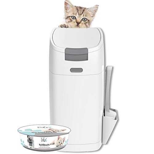 Littycat Katzenstreu Entsorgungseimer mit Schaufel - inkl. Nachfüllkassette - Katzenklo Mülleimer weiß-grau von Littycat