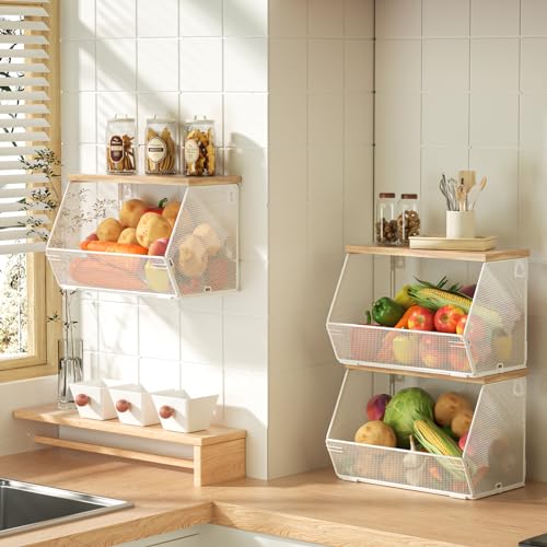 Obstkorb für die Küche, stapelbare Obstschale für Kartoffel- und Zwiebelaufbewahrung, wandmontierter Drahtkorb mit Holzdeckel für Obst- und Gemüseaufbewahrung, hängende Speisekammer-Aufbewahrung, von Litwaro