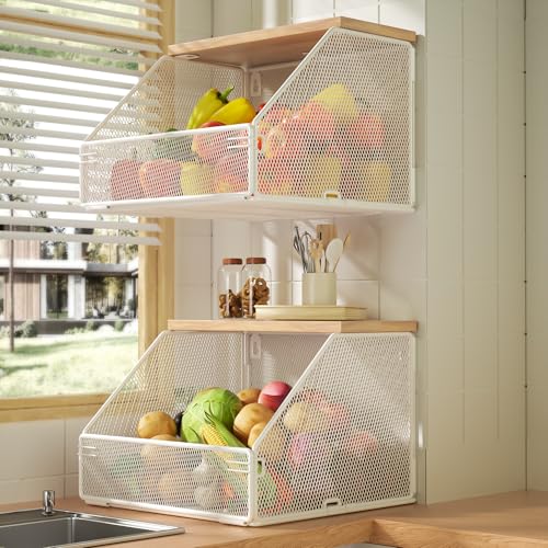 Stapelbarer Obstkorb für die Küche, platzsparend, wandmontierter Drahtkorb mit Holzdeckel, extra Stauraum, 2 Stück, Küchentheken-Organizer für Snacks, Zwiebeln und Kartoffeln, Weiß von Litwaro