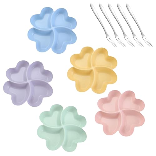 5 Stk Snackteller mit Fächern, Snackschalen, Snackteller mit 4 Fächern, Teller mit Unterteilung, Wiederverwendbare Snack Teller mit Fächern, Snack Schalen Obstteller für Nuss Candy Obst,mit 5 Gabeln von LiuHancsqd