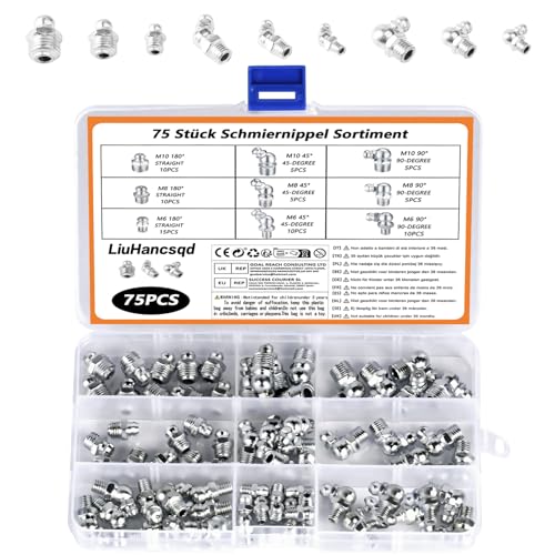 75 STK Schmiernippel Sortiment Kit, M6 M8 M10 Schmiernippel Set, Kegelschmiernippel für Schmierpressen, 45 ° 90 ° 180 ° Gerade Abgewinkelt Abschmiernippel Kegelnippel, Hydraulik Fettnippel 75 STK Schmiernippel Sortiment Kit, M6 M8 M10 Schmiernippel Set, Kegelschmiernippel für Schmierpressen, 45 ° 90 ° 180 ° Gerade Abgewinkelt Abschmiernippel Kegelnippel, Hydraulik Fettnippel von LiuHancsqd