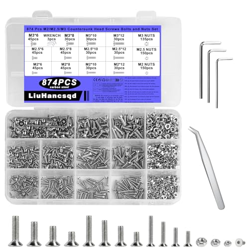 874 Stk M2 M2.5 M3 Schrauben Set, Innensechskant Sechskantschrauben Muttern Set, Senkkopfschrauben Set, Gewindeschrauben mit Muttern Set, Flachkopfschrauben Schraubenset Maschinenschrauben Sortiment von LiuHancsqd