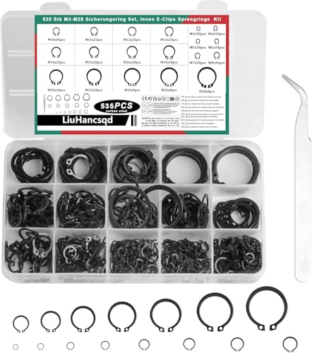 Sprengring Set, 535 STK Sicherungsringe Set, Intern Außen E-Clips Sprengringe Sortiment Set, Spannring Sicherungsscheiben Schwarz, C-Clips Sicherungsring Unterlegscheiben für Wellen, 19 Größen von LiuHancsqd