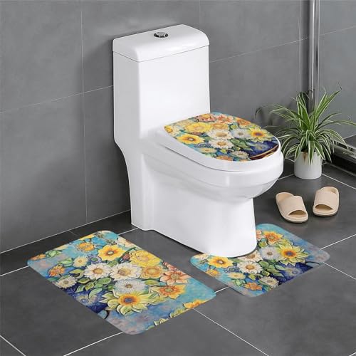 Badteppich-Set, 3-teilig, rutschfeste Badematten, WC-Deckelbezug, U-förmige Kontur, WC-Vorleger, Öl auf Leinwand, Blumendruck Badteppich-Set, 3-teilig, rutschfeste Badematten, WC-Deckelbezug, U-förmige Kontur, WC-Vorleger, Öl auf Leinwand, Blumendruck von LiuMng