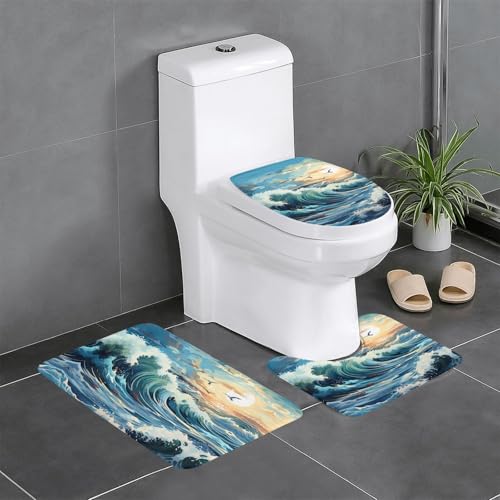 Badteppich-Set, 3-teilig, rutschfeste Badematten, WC-Deckelbezug, U-förmige Kontur, WC-Vorleger, Wellen, Segelboot, Möwen-Druck von LiuMng