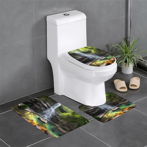 Badteppich-Set, 3-teilig, rutschfeste Badematten, WC-Deckelbezug, U-förmiger Kontur-WC-Teppich, Wasserfall-Ansichten Druck Badteppich-Set, 3-teilig, rutschfeste Badematten, WC-Deckelbezug, U-förmiger Kontur-WC-Teppich, Wasserfall-Ansichten Druck von LiuMng