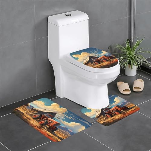 Badteppich-Set, 3-teilig, rutschfeste Badematten, WC-Deckelbezug, U-förmiger Kontur-WC-Vorleger, Bauernhof, roter Traktordruck von LiuMng