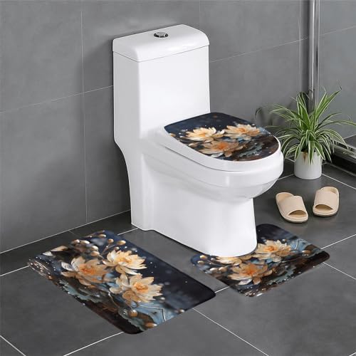 Badteppich-Set, 3-teilig, rutschfeste Badematten, WC-Deckelbezug, U-förmiger Kontur-WC-Vorleger, Bohemian-Weiß-Lotusdruck Badteppich-Set, 3-teilig, rutschfeste Badematten, WC-Deckelbezug, U-förmiger Kontur-WC-Vorleger, Bohemian-Weiß-Lotusdruck von LiuMng