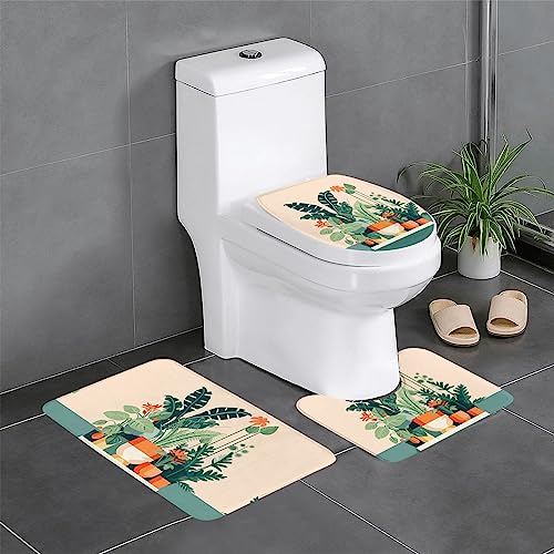 Badteppich-Set, 3-teilig, rutschfeste Badematten, WC-Deckelbezug, U-förmiger Kontur-WC-Vorleger, Cartoon, kleiner grüner Pflanzendruck von LiuMng
