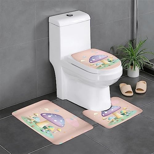 Badteppich-Set, 3-teilig, rutschfeste Badematten, WC-Deckelbezug, U-förmiger Kontur-WC-Vorleger, Cartoon-Pilzdruck Badteppich-Set, 3-teilig, rutschfeste Badematten, WC-Deckelbezug, U-förmiger Kontur-WC-Vorleger, Cartoon-Pilzdruck von LiuMng