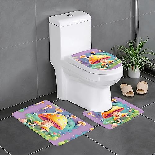 Badteppich-Set, 3-teilig, rutschfeste Badematten, WC-Deckelbezug, U-förmiger Kontur-WC-Vorleger, Fantasy-Traum, Pilzdruck von LiuMng