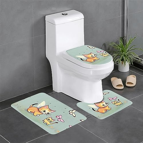 Badteppich-Set, 3-teilig, rutschfeste Badematten, WC-Deckelbezug, U-förmiger Kontur-WC-Vorleger, Kätzchen-Schmetterlings-Druck Badteppich-Set, 3-teilig, rutschfeste Badematten, WC-Deckelbezug, U-förmiger Kontur-WC-Vorleger, Kätzchen-Schmetterlings-Druck von LiuMng