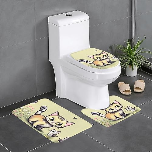 Badteppich-Set, 3-teilig, rutschfeste Badematten, WC-Deckelbezug, U-förmiger Kontur-WC-Vorleger, Katzen- und Schmetterlingsdruck Badteppich-Set, 3-teilig, rutschfeste Badematten, WC-Deckelbezug, U-förmiger Kontur-WC-Vorleger, Katzen- und Schmetterlingsdruck von LiuMng