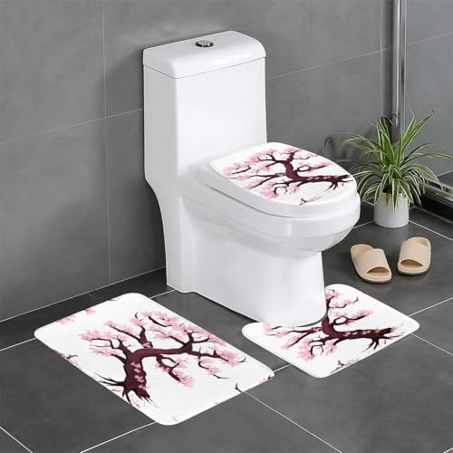 Badteppich-Set, 3-teilig, rutschfeste Badematten, WC-Deckelbezug, U-förmiger Kontur-WC-Vorleger, Kirschblüten-Baum-Druck von LiuMng