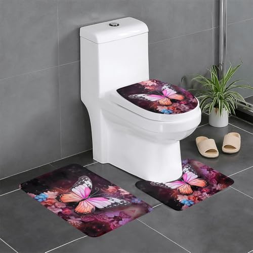 Badteppich-Set, 3-teilig, rutschfeste Badematten, WC-Deckelbezug, U-förmiger Kontur-WC-Vorleger, Schmetterlinge und Blumen Druck von LiuMng