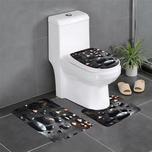 Badteppich-Set, 3-teilig, rutschfeste Badematten, WC-Deckelbezug, U-förmiger Kontur-WC-Vorleger, Schwarz, Mystery-Herz-Steindruck Badteppich-Set, 3-teilig, rutschfeste Badematten, WC-Deckelbezug, U-förmiger Kontur-WC-Vorleger, Schwarz, Mystery-Herz-Steindruck von LiuMng