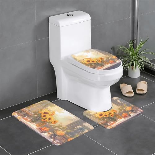 Badteppich-Set, 3-teilig, rutschfeste Badematten, WC-Deckelbezug, U-förmiger Kontur-WC-Vorleger, Sonnenblumen-Druck unter der Fensterbank Badteppich-Set, 3-teilig, rutschfeste Badematten, WC-Deckelbezug, U-förmiger Kontur-WC-Vorleger, Sonnenblumen-Druck unter der Fensterbank von LiuMng