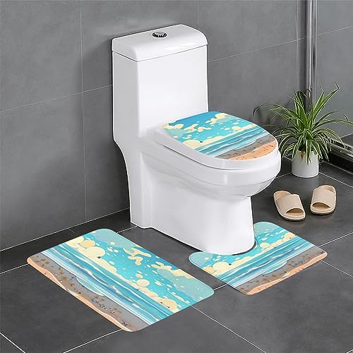 Badteppich-Set, 3-teilig, rutschfeste Badematten, WC-Deckelbezug, U-förmiger Kontur-WC-Vorleger, Strand-Cartoon-Druck von LiuMng