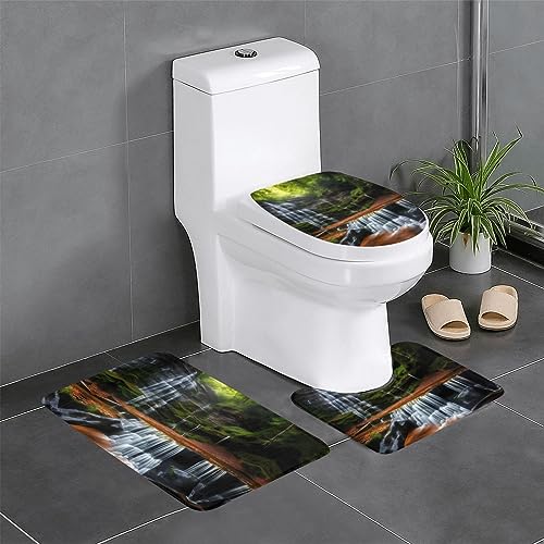 Badteppich-Set, 3-teilig, rutschfeste Badematten, WC-Deckelbezug, U-förmiger Kontur-WC-Vorleger, Wasserfall-Druck Badteppich-Set, 3-teilig, rutschfeste Badematten, WC-Deckelbezug, U-förmiger Kontur-WC-Vorleger, Wasserfall-Druck von LiuMng