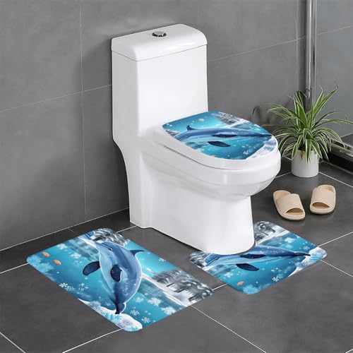 Badteppich-Set, 3-teilig, rutschfeste Badematten, WC-Deckelbezug, U-förmiger Kontur-WC-Vorleger, Winter, Delfin-Druck von LiuMng
