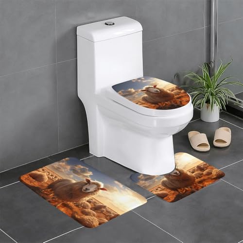 Badteppich-Set, 3-teilig, rutschfeste Badematten, WC-Deckelbezug, U-förmiger Kontur-WC-Vorleger, australisches Schaf-Druck von LiuMng