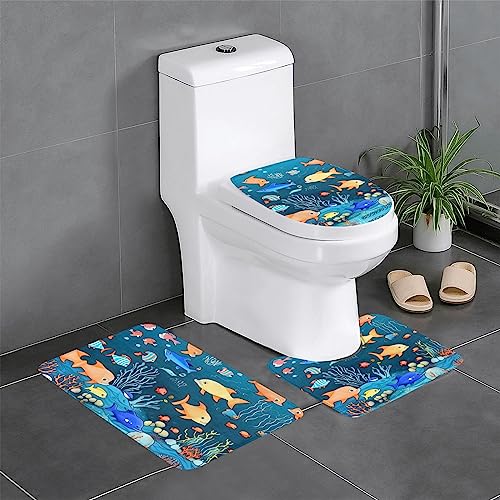 Badteppich-Set, 3-teilig, rutschfeste Badematten, WC-Deckelbezug, U-förmiger Kontur-WC-Vorleger, blau, Unterwasserwelt der Fische Badteppich-Set, 3-teilig, rutschfeste Badematten, WC-Deckelbezug, U-förmiger Kontur-WC-Vorleger, blau, Unterwasserwelt der Fische von LiuMng