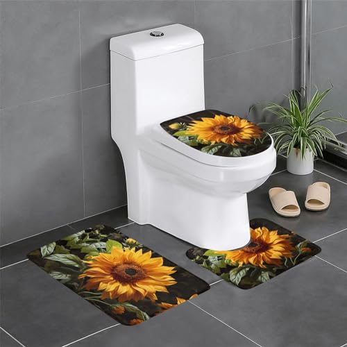 Badteppich-Set, 3-teilig, rutschfeste Badematten, WC-Deckelbezug, U-förmiger Kontur-WC-Vorleger, gelbe Sonnenblume auf braunem Hintergrund, Druck Badteppich-Set, 3-teilig, rutschfeste Badematten, WC-Deckelbezug, U-förmiger Kontur-WC-Vorleger, gelbe Sonnenblume auf braunem Hintergrund, Druck von LiuMng