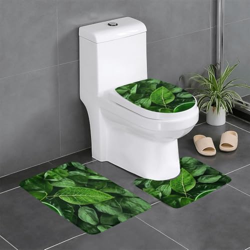 Badteppich-Set, 3-teilig, rutschfeste Badematten, WC-Deckelbezug, U-förmiger Kontur-WC-Vorleger, grünes Blatt, Naturdruck von LiuMng