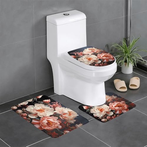 Badteppich-Set, 3-teilig, rutschfeste Badematten, WC-Deckelbezug, U-förmiger Kontur-WC-Vorleger, hellweißer Pfingstrosen-Druck von LiuMng