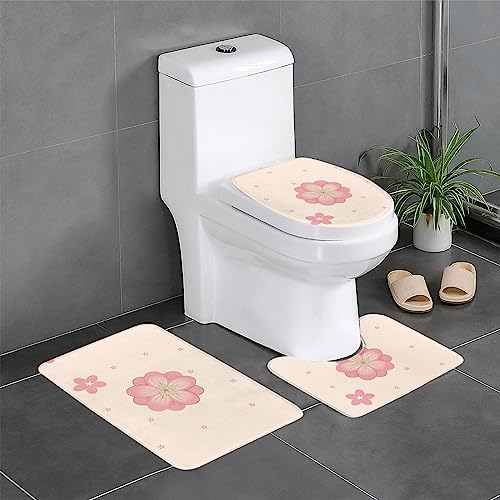 Badteppich-Set, 3-teilig, rutschfeste Badematten, WC-Deckelbezug, U-förmiger Kontur-WC-Vorleger, kleiner rosa Kirschblüten-Druck von LiuMng