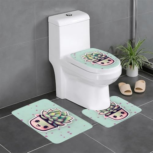 Badteppich-Set, 3-teilig, rutschfeste Badematten, WC-Deckelbezug, U-förmiger Kontur-WC-Vorleger, lächelnde Sukkulenten von LiuMng