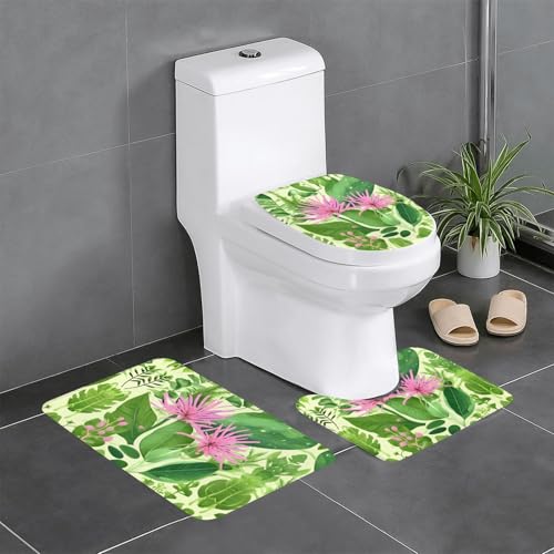 Badteppich-Set, 3-teilig, rutschfeste Badematten, WC-Deckelbezug, U-förmiger Kontur-WC-Vorleger, rosa Pflanzen-Blumendruck von LiuMng