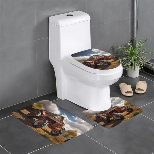 Badteppich-Set, 3-teilig, rutschfeste Badematten, WC-Deckelbezug, U-förmiger Kontur-WC-Vorleger, roter Traktordruck von LiuMng