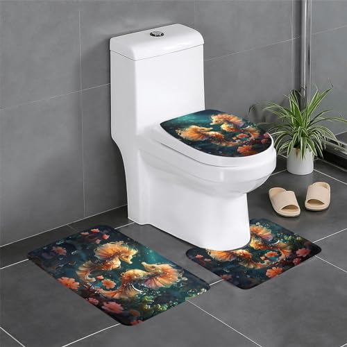 Badteppich-Set, 3-teilig, rutschfeste Badematten, WC-Deckelbezug, U-förmiger Kontur-WC-Vorleger, schöner Seepferdchen-Paar-Druck Badteppich-Set, 3-teilig, rutschfeste Badematten, WC-Deckelbezug, U-förmiger Kontur-WC-Vorleger, schöner Seepferdchen-Paar-Druck von LiuMng