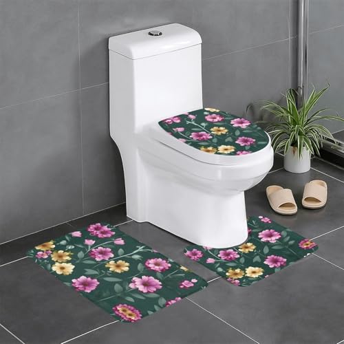 Badteppich-Set, 3-teilig, rutschfeste Badematten, WC-Deckelbezug, U-förmiger Kontur-WC-Vorleger, schöner violetter Blumendruck Badteppich-Set, 3-teilig, rutschfeste Badematten, WC-Deckelbezug, U-förmiger Kontur-WC-Vorleger, schöner violetter Blumendruck von LiuMng