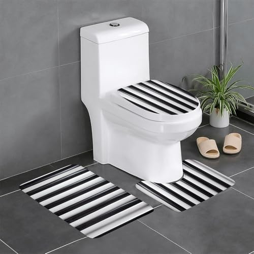 Badteppich-Set, 3-teilig, rutschfeste Badematten, WC-Deckelbezug, U-förmiger Kontur-WC-Vorleger, schwarz-weißer Streifendruck Badteppich-Set, 3-teilig, rutschfeste Badematten, WC-Deckelbezug, U-förmiger Kontur-WC-Vorleger, schwarz-weißer Streifendruck von LiuMng