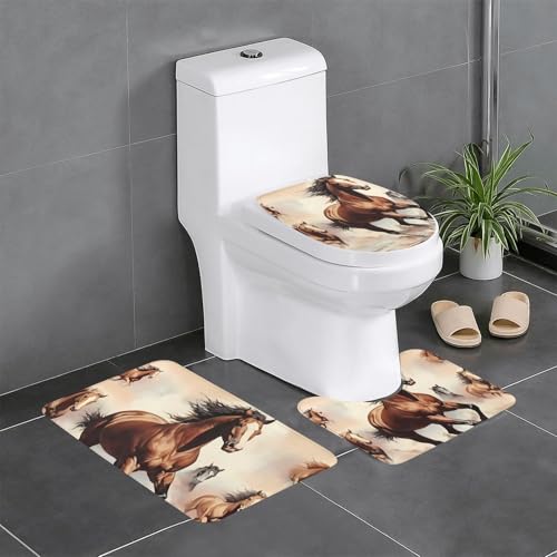 Badteppich-Set, 3-teilig, rutschfeste Badematten, WC-Deckelbezug, U-förmiger Kontur-WC-Vorleger, tanzendes braunes Pferde-Druck Badteppich-Set, 3-teilig, rutschfeste Badematten, WC-Deckelbezug, U-förmiger Kontur-WC-Vorleger, tanzendes braunes Pferde-Druck von LiuMng