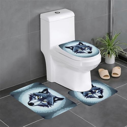 Badteppich-Set, 3-teilig, rutschfeste Badematten, WC-Deckelbezug, U-förmiger Kontur-WC-Vorleger, wilder Wolfskopfdruck Badteppich-Set, 3-teilig, rutschfeste Badematten, WC-Deckelbezug, U-förmiger Kontur-WC-Vorleger, wilder Wolfskopfdruck von LiuMng