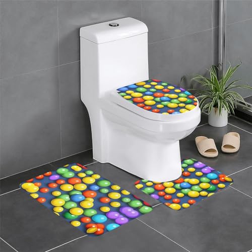 Badteppich-Set, 3-teilig, rutschfeste Badematten, WC-Deckelbezug, U-förmiger WC-Vorleger, bunte Bälle Badteppich-Set, 3-teilig, rutschfeste Badematten, WC-Deckelbezug, U-förmiger WC-Vorleger, bunte Bälle von LiuMng