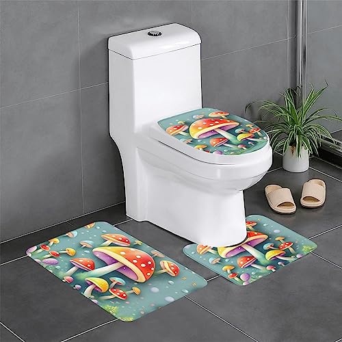 Badteppich-Set, 3-teilig, rutschfeste Badematten, WC-Deckelbezug, U-förmiger WC-Vorleger, niedlicher farbiger Pilzdruck Badteppich-Set, 3-teilig, rutschfeste Badematten, WC-Deckelbezug, U-förmiger WC-Vorleger, niedlicher farbiger Pilzdruck von LiuMng