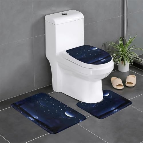 Badteppich-Set, 3-teilig, rutschfeste Badematten, WC-Deckelbezug, U-förmiger WC-Vorleger, ruhiger blauer Nachtsichtdruck Badteppich-Set, 3-teilig, rutschfeste Badematten, WC-Deckelbezug, U-förmiger WC-Vorleger, ruhiger blauer Nachtsichtdruck von LiuMng