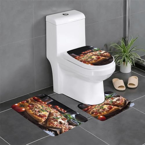 Badteppich-Set, 3-teilig, rutschfeste Badematten, WC-Deckelbezug, U-förmiger WC-Vorleger, verlockender Wurst-Pizza-Druck Badteppich-Set, 3-teilig, rutschfeste Badematten, WC-Deckelbezug, U-förmiger WC-Vorleger, verlockender Wurst-Pizza-Druck von LiuMng