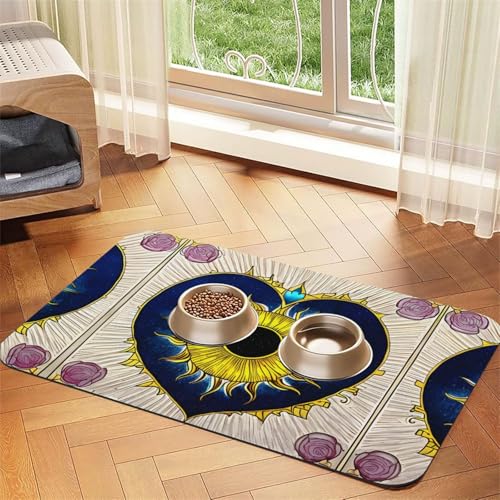 Saugfähige Futtermatte für Haustiere, 30 x 45 cm, Cartoon-Herz, Sonnenaufdruck, schnell trocknendes Futterunterlage/Leder-Tischset, für Hunde und Katzen, Futternapf, Wasser von LiuMng