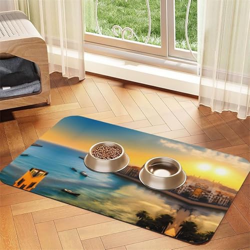Saugfähige Futtermatte für Haustiere, 30 x 45 cm, Motiv: Sonnenuntergang in Barcelona, schnell trocknendes Futterunterlage/Leder-Tischset, für Hunde und Katzen, Futternapf von LiuMng