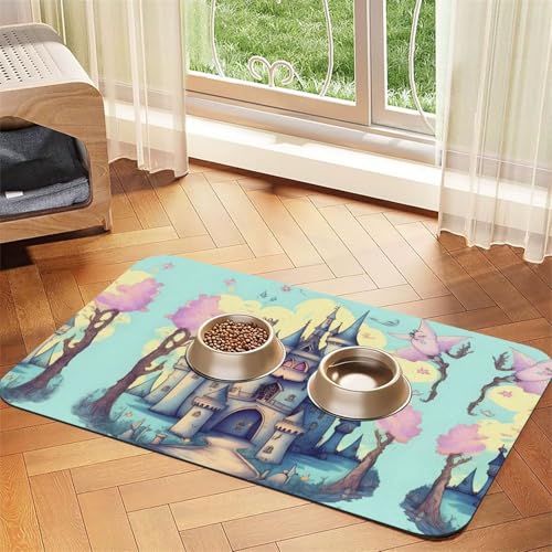 Saugfähige Futtermatte für Haustiere, 40 x 60 cm, Motiv: Märchenschloss, schnell trocknendes Futterpad/Leder-Tischset, für Hunde und Katzen, Futternapf von LiuMng