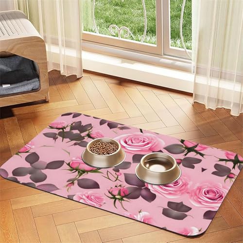 Saugfähige Futtermatte für Haustiere, 40 x 60 cm, hübsches rosa Rosenmuster, schnell trocknendes Futterpad/Leder-Tischset, für Hunde und Katzen, Futternapf von LiuMng